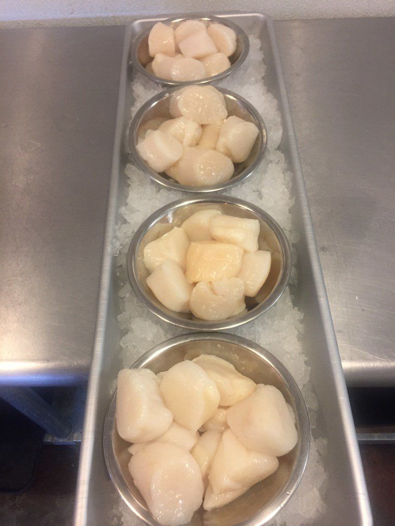 A tray of scallops sitting on top of ice on a counter.