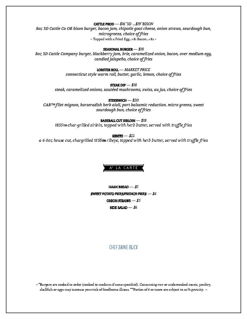 Lunch Menu Corks and Cattle