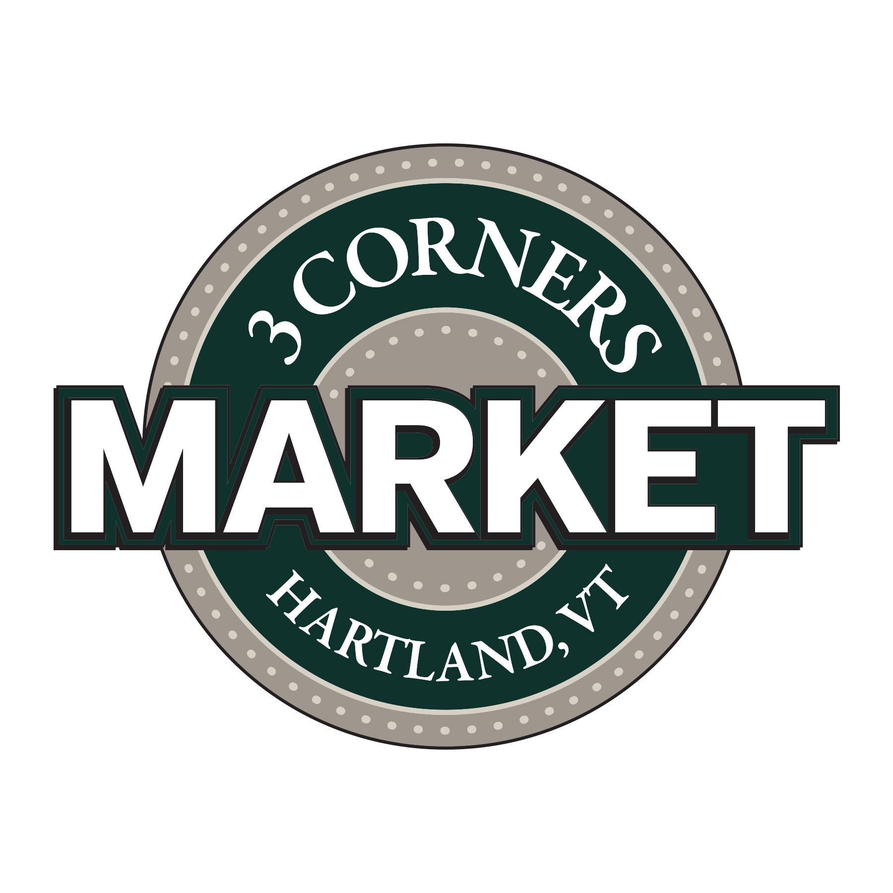 A logo for the 3 corners market in hartland vt