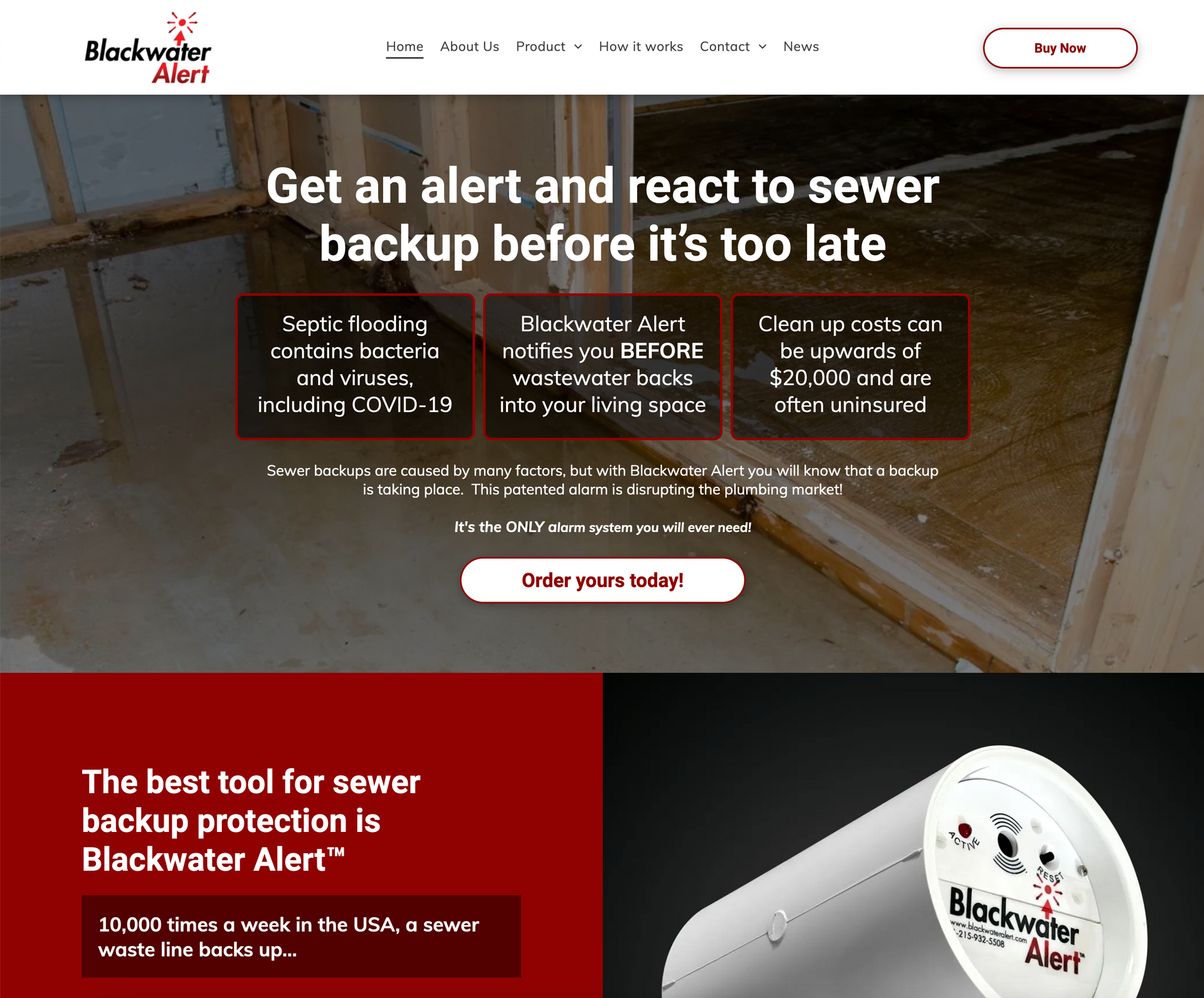 A screenshot of a website that says get an alert and react to sewer backup before it 's too late