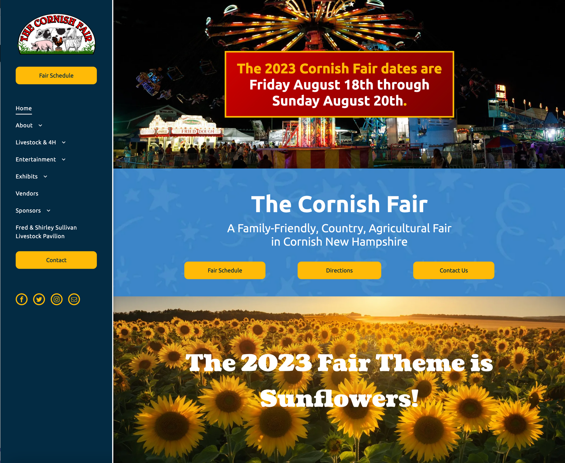 A website for the cornish fair shows a field of sunflowers