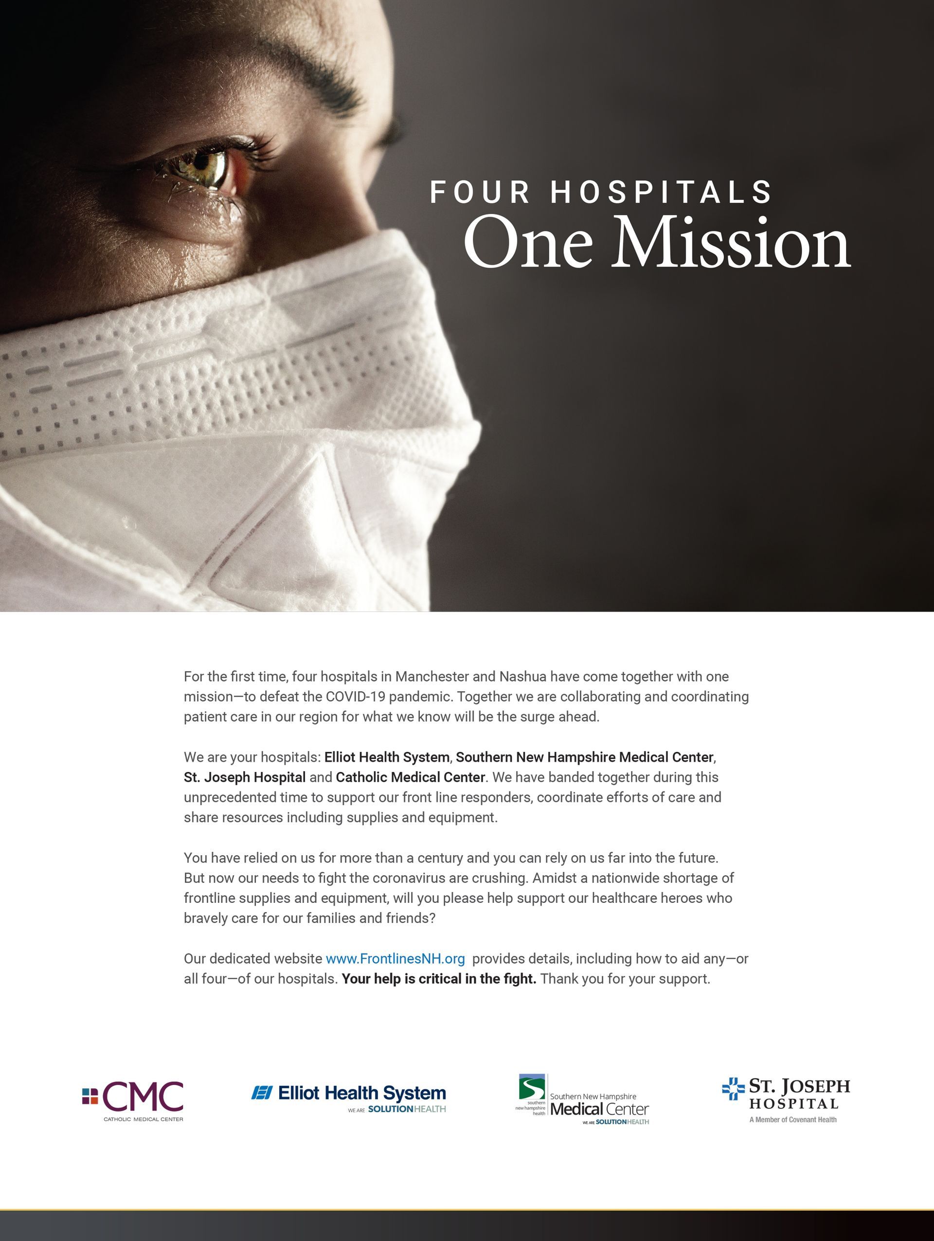A poster for four hospitals one mission shows a man wearing a mask
