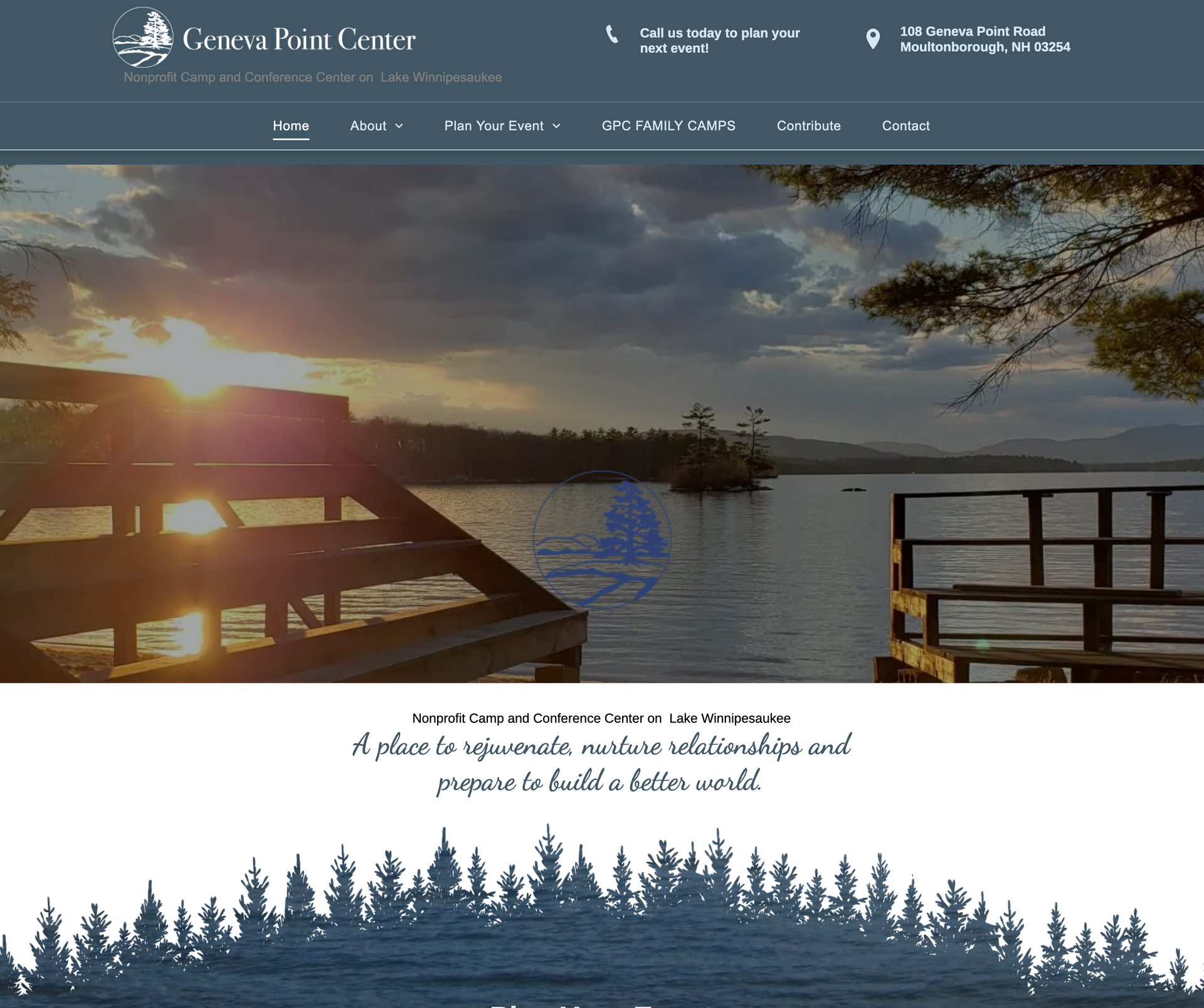 A website with a picture of a lake and trees