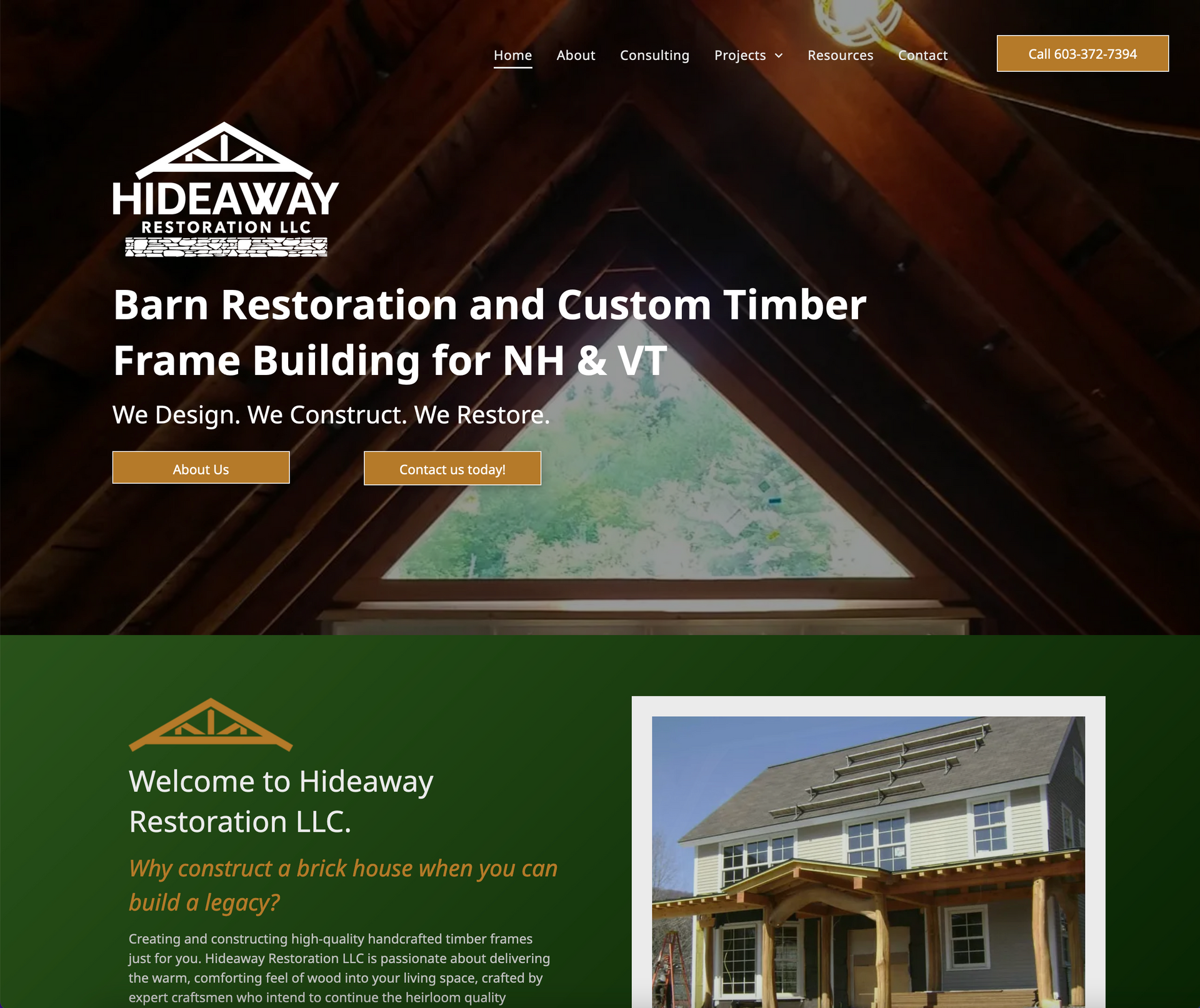 A website for hideaway barn restoration and custom timber frame building for nh and vt