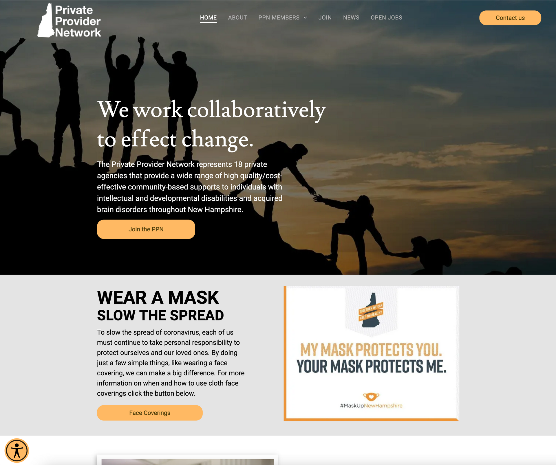 A screenshot of a website that says we work collaboratively to effect change
