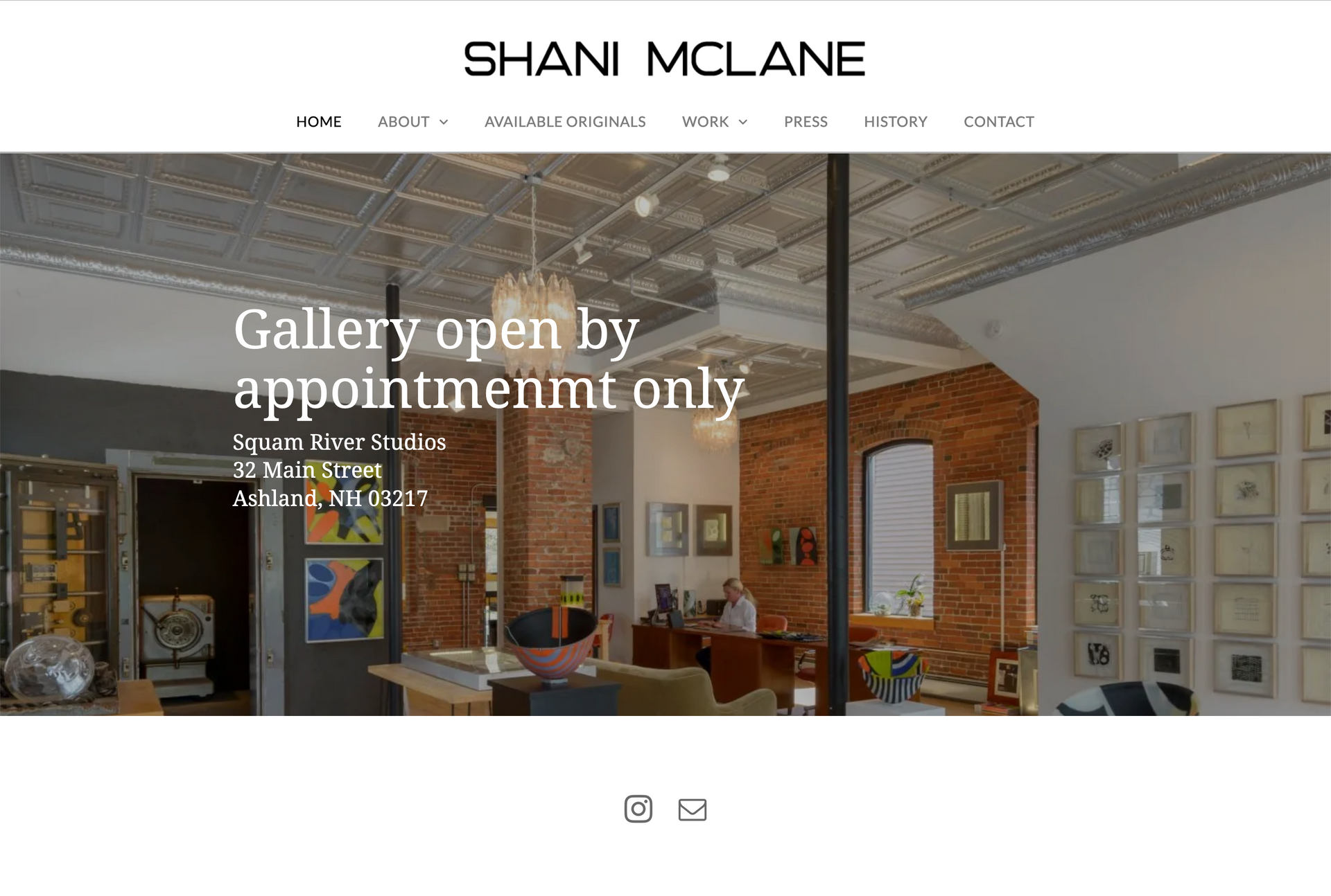 A website for shani mclane shows a gallery open by appointment only