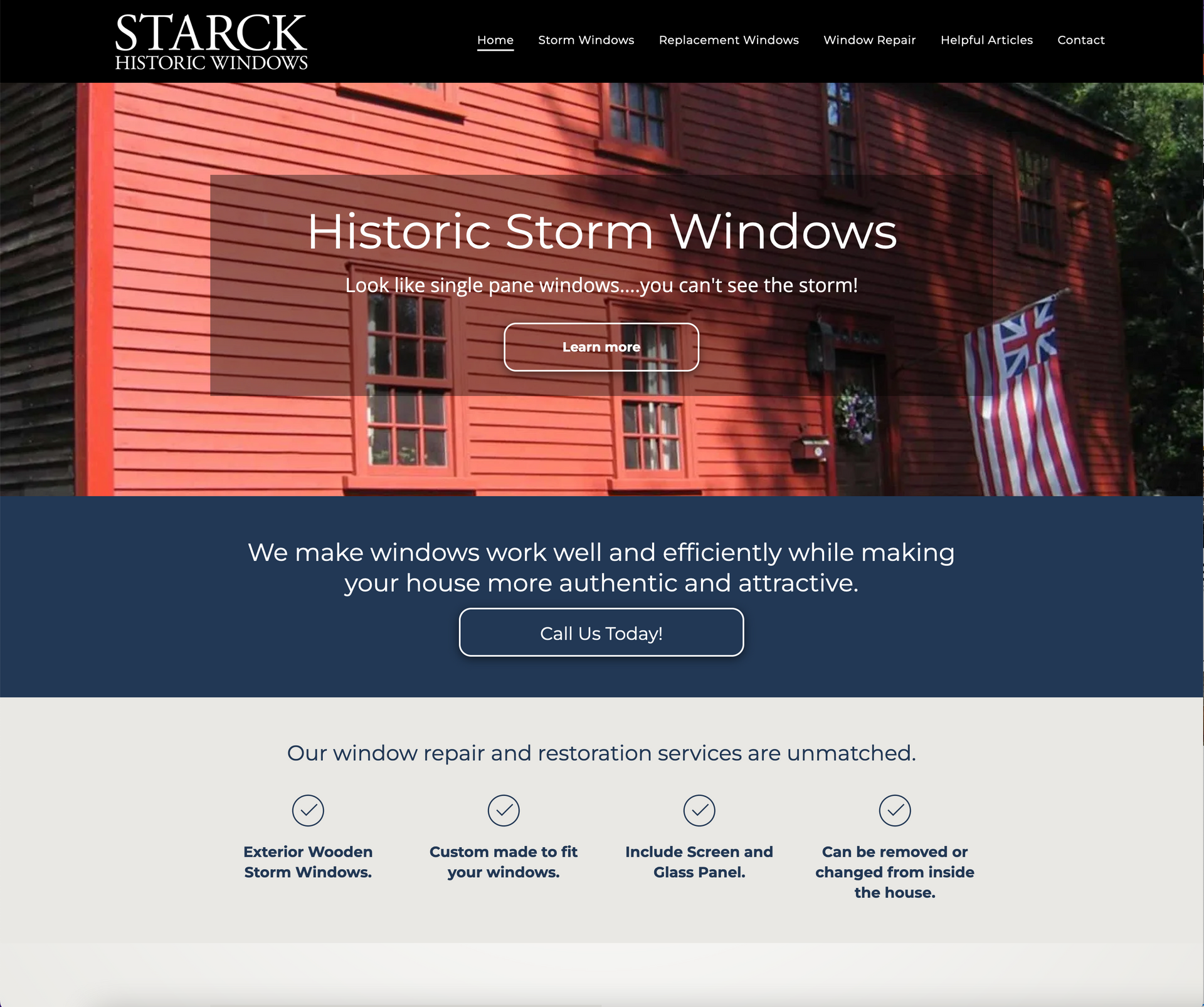 A screenshot of a website for starck historic storm windows