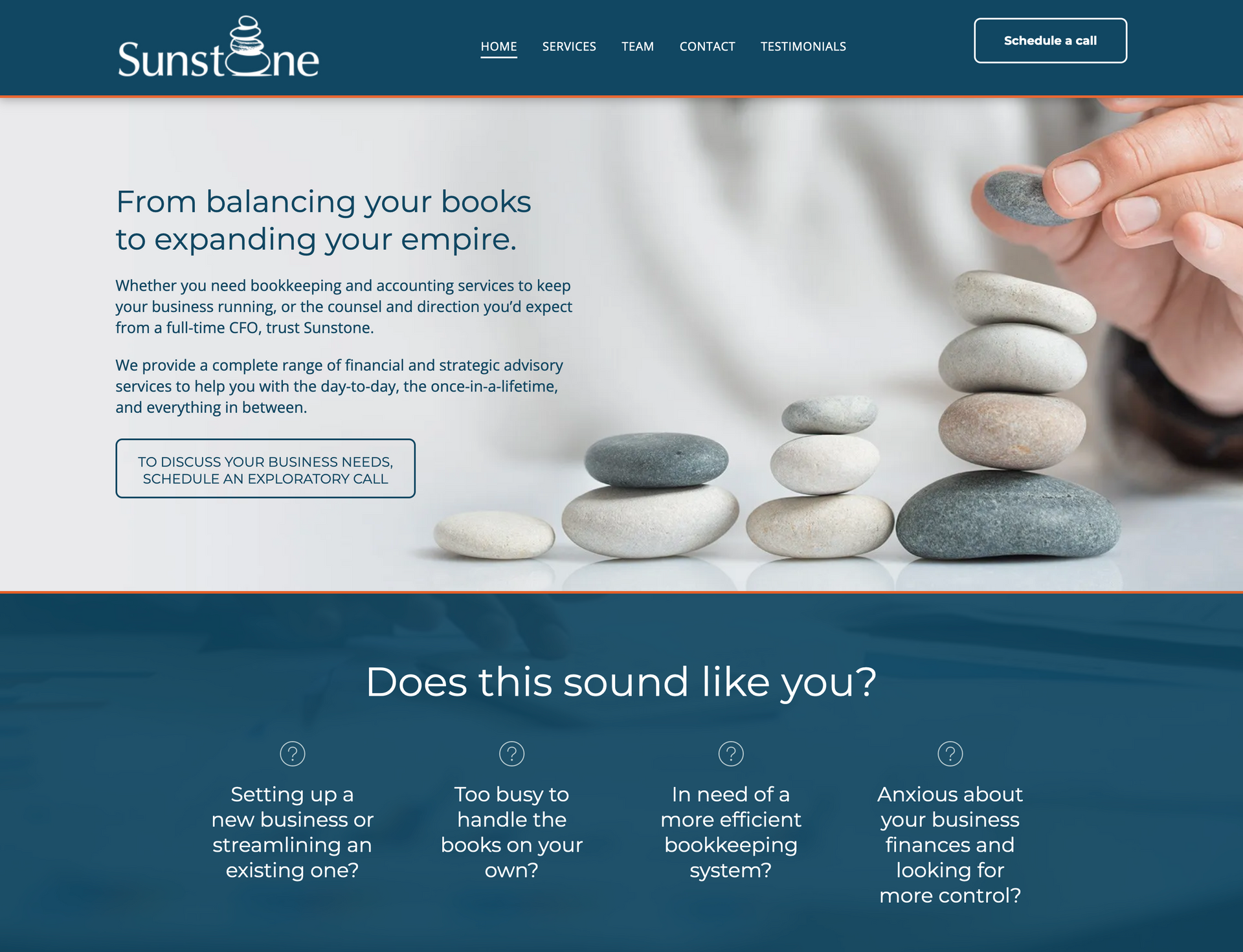 A website for sunshine counseling shows a person stacking rocks on top of each other