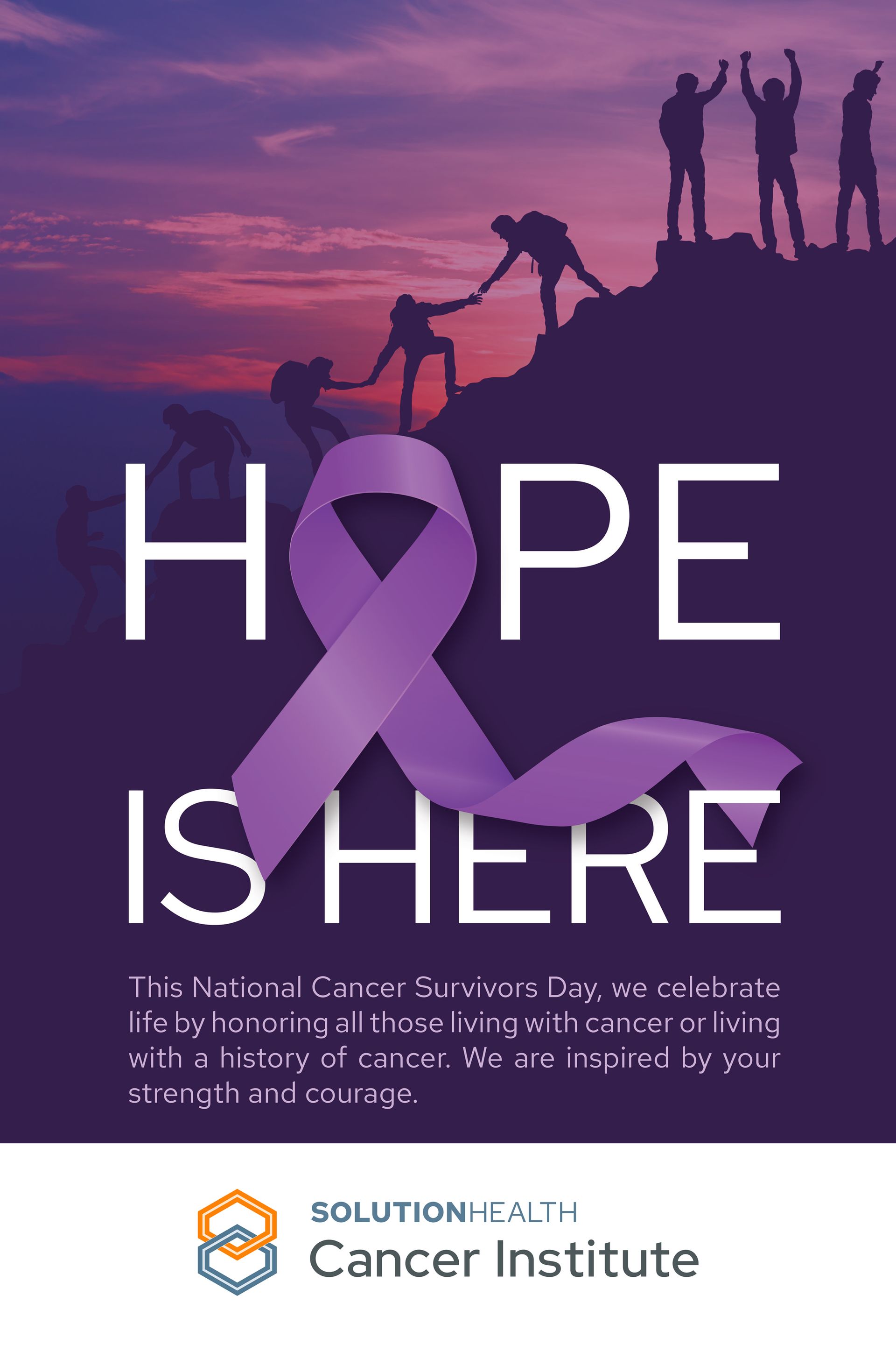 A poster that says hope is here with a purple ribbon