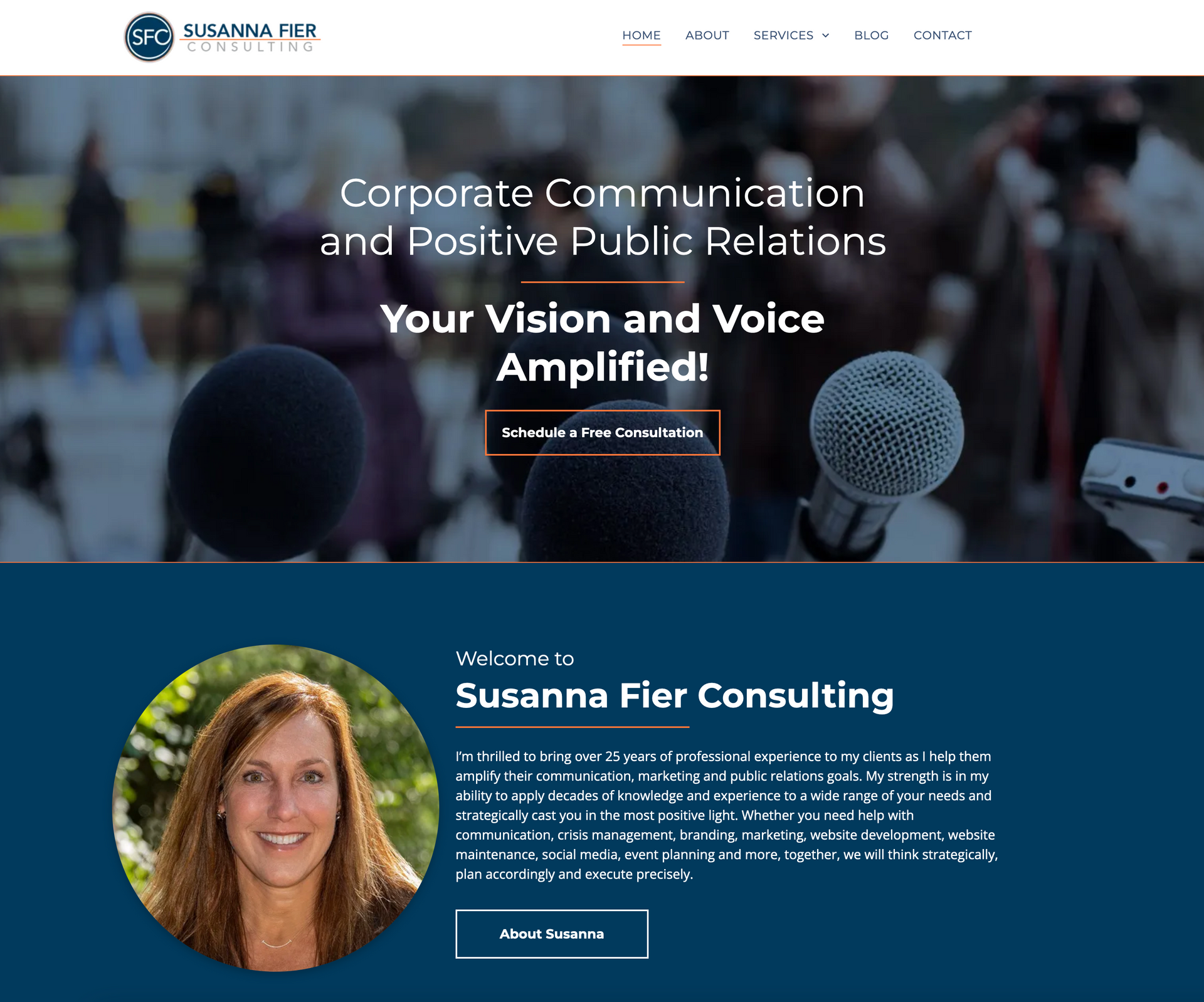 A website for susanna flor consulting shows a woman standing in front of microphones