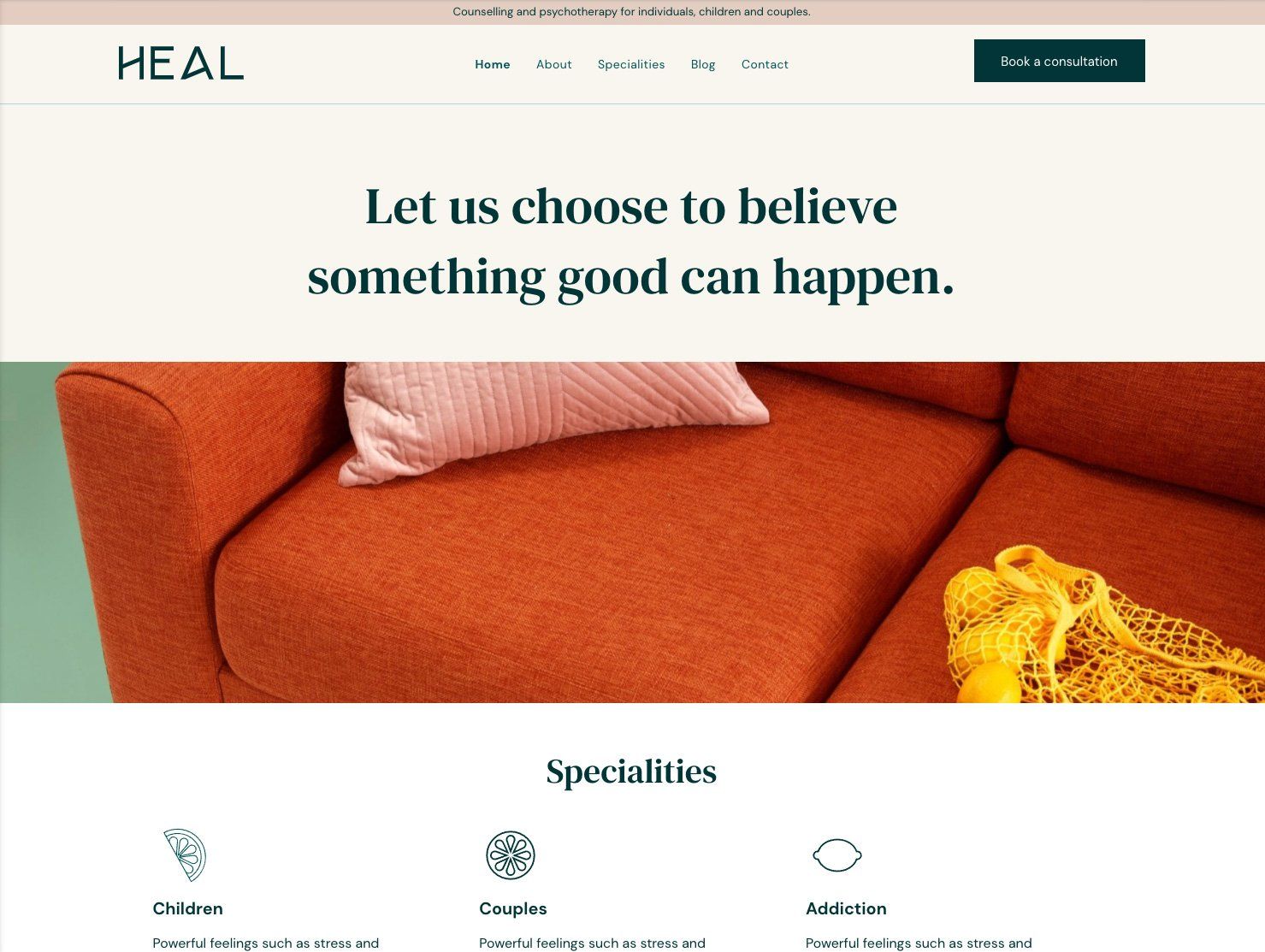 A website for heal shows a couch with a pillow on it