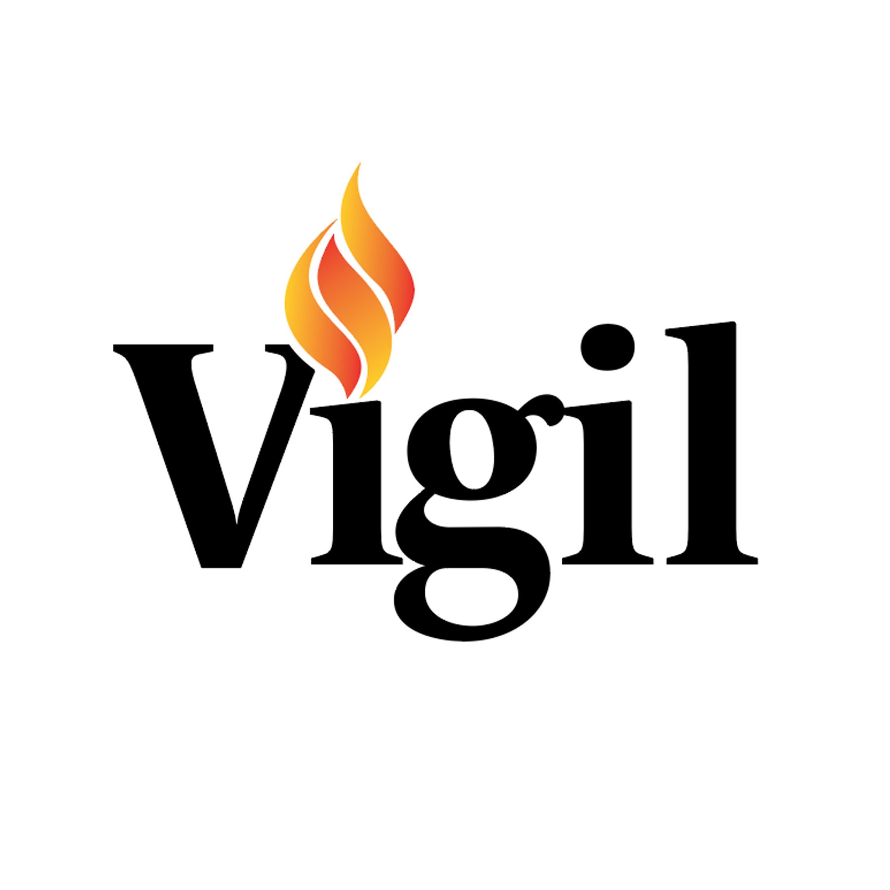 A logo for vigil with a flame on it