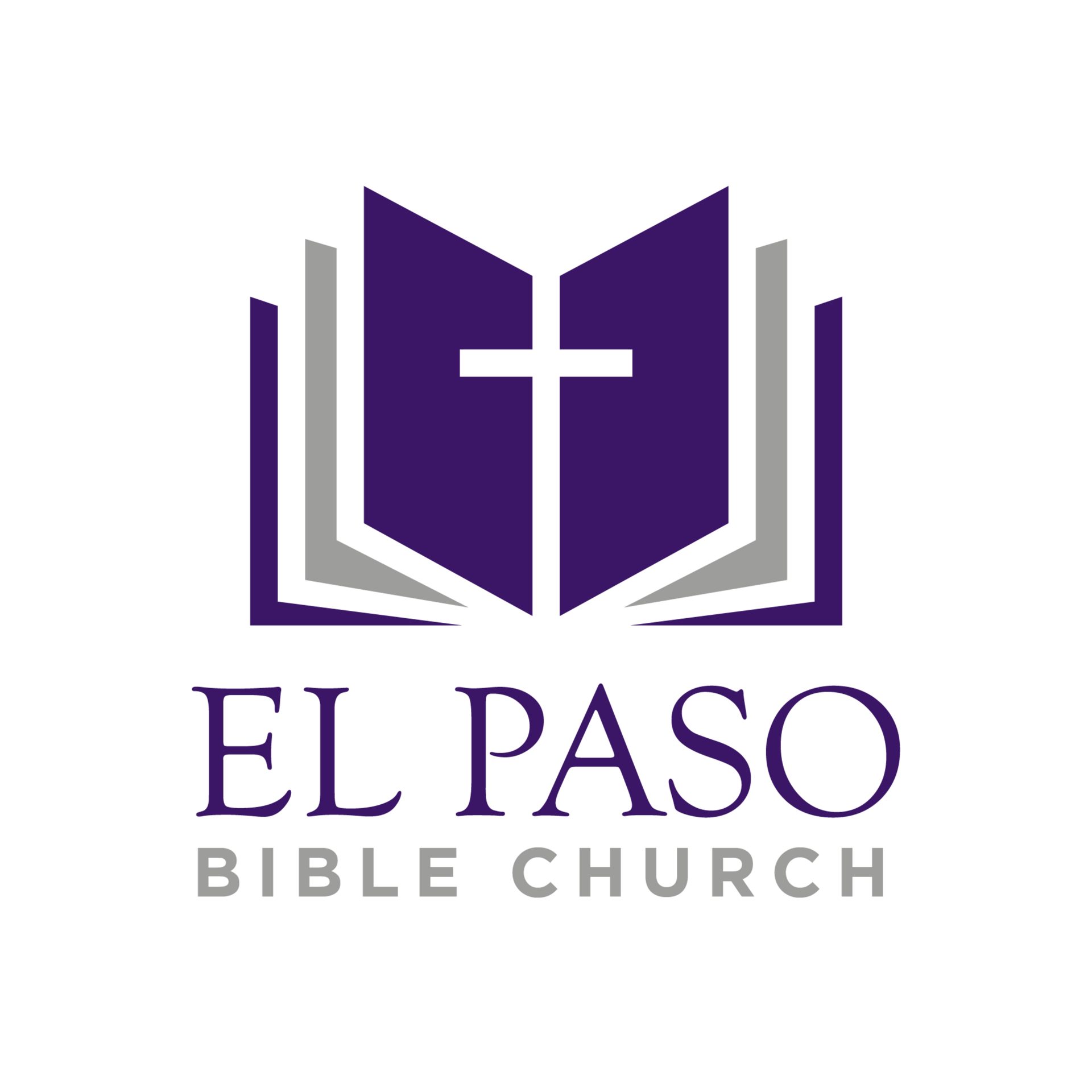 A logo for el paso bible church with a purple book and a cross.