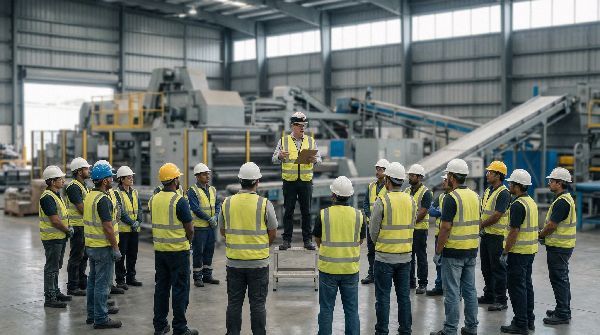 A construction worker in a high-visibility vest and yellow hard hat smiles while holding a walkie-talkie on a job site.