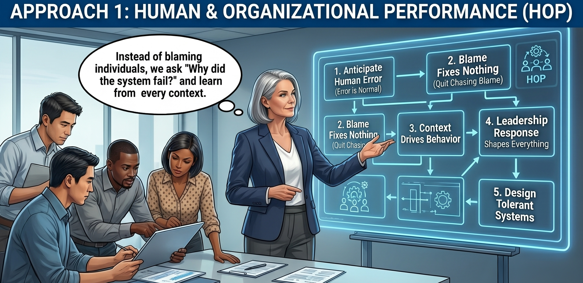 Classroom presentation on human and organizational performance, with instructor and students at a digital board