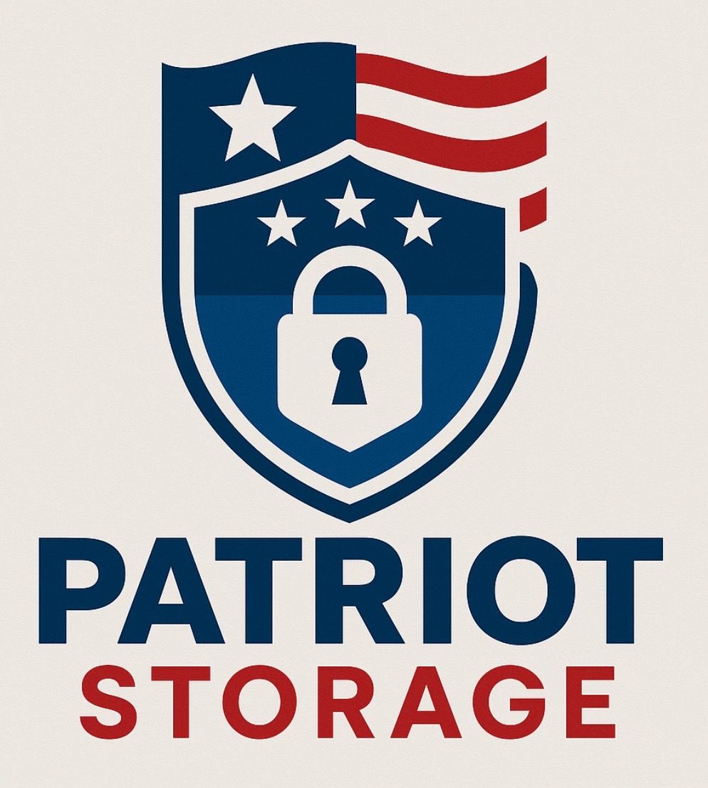 Patriot Storage logo: Shield with American flag elements and a lock symbol, text below reads "Patriot Storage."