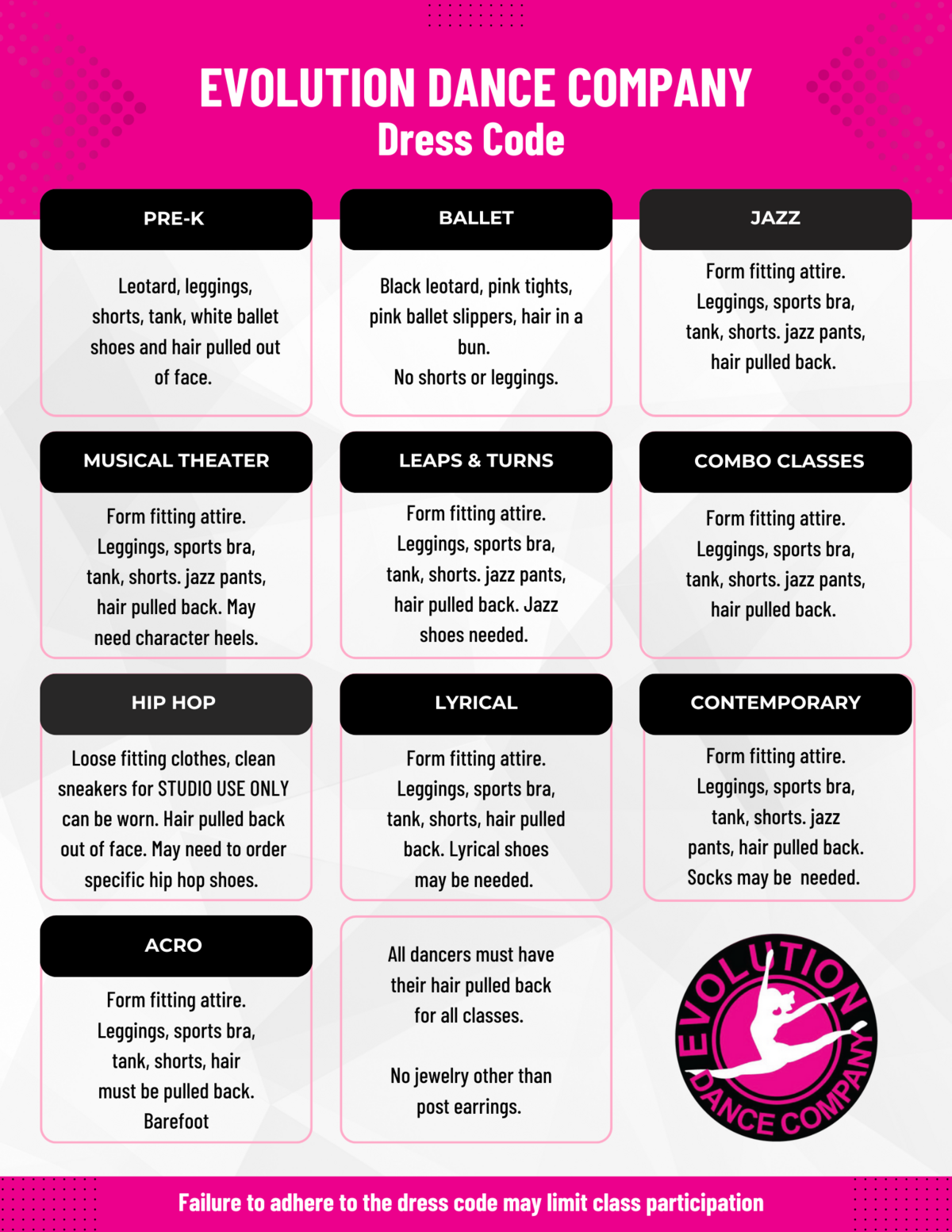 Dress code chart for Evolution Dance Company classes, with specific attire details for ballet, jazz, musical theater, and more.