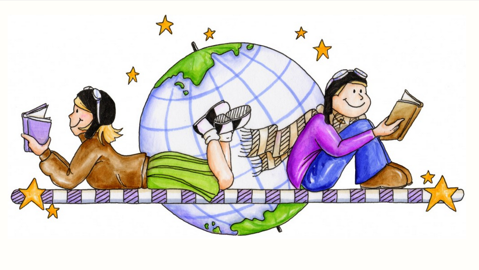A boy and a girl are reading books in front of a globe