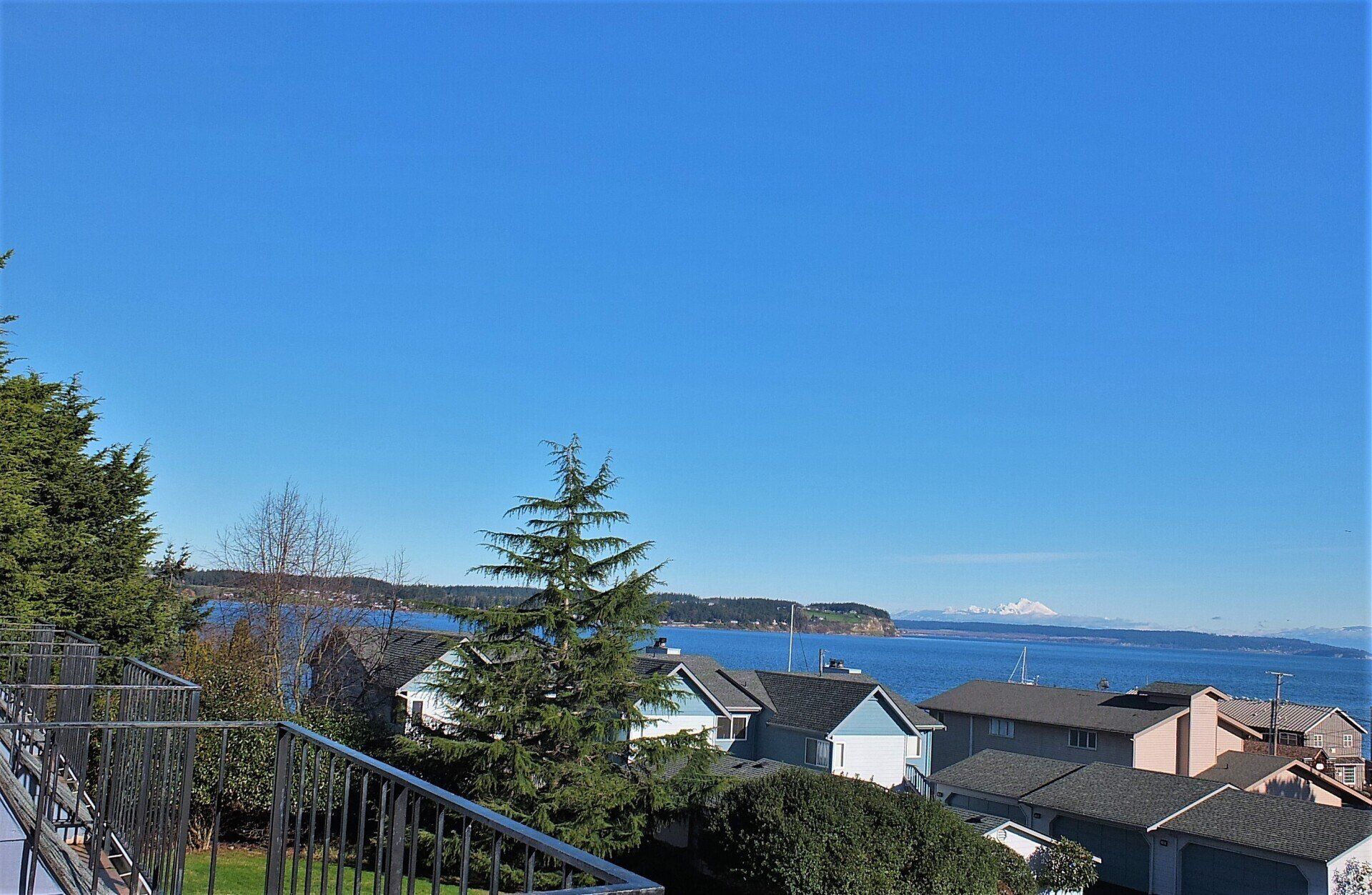 A coastal neighborhood view with houses, evergreen trees, and a distant mountain peak under a clear blue sky.