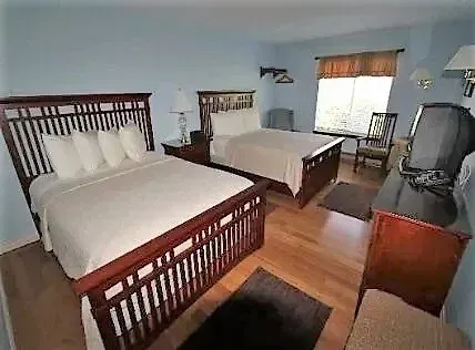 A bedroom featuring two dark wood beds with white bedding, a window with brown valances, and a television on a dresser.