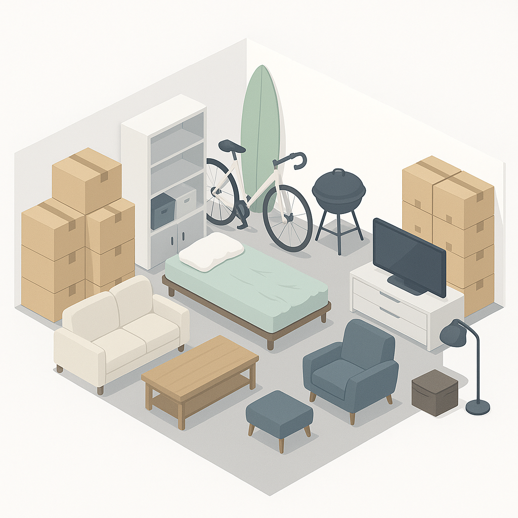Isometric view of a storage unit filled with furniture, boxes, a surfboard, and a bicycle.