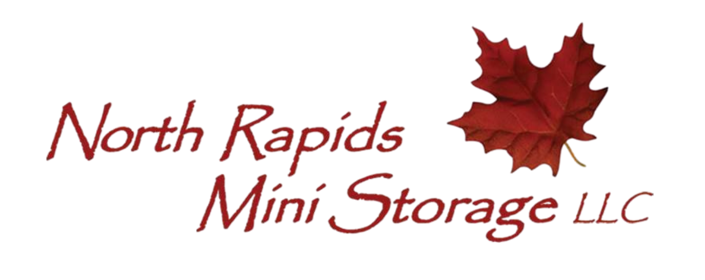 Logo for North Rapids Mini Storage LLC, with text in burgundy and a red maple leaf.