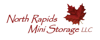 Logo for North Rapids Mini Storage LLC, with text in burgundy and a red maple leaf.