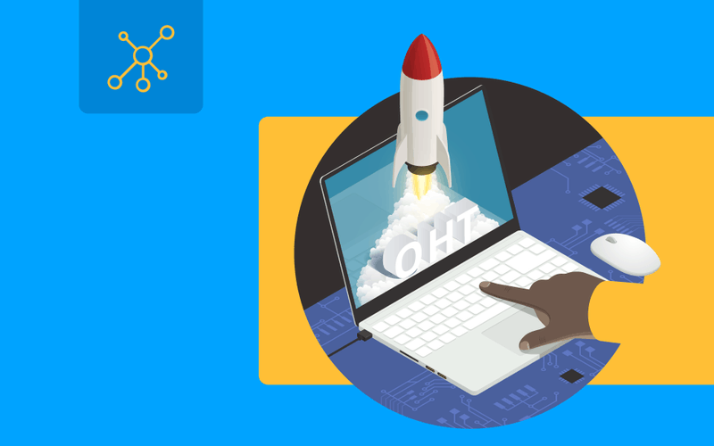 A person is using a laptop with a rocket coming out of the screen.