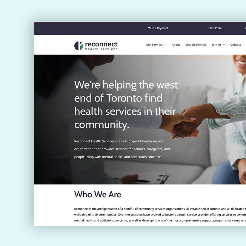 Reconnect community health services website; logo and main content.
