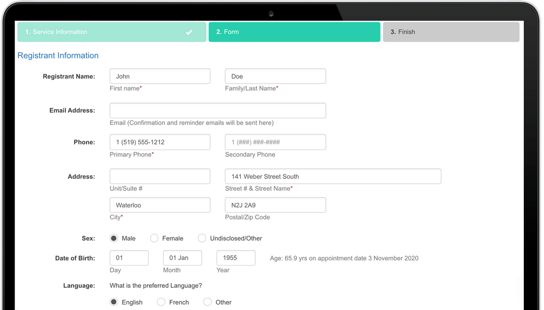 Appointment scheduling interface; calendar, options for session type, date, and time selection.