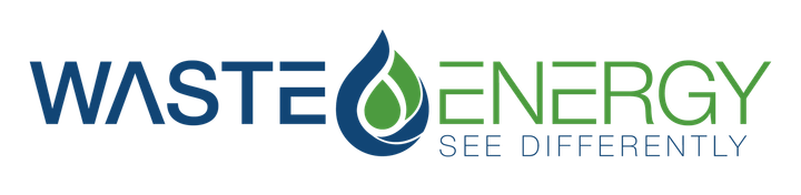 A blue and white logo for we waste energy