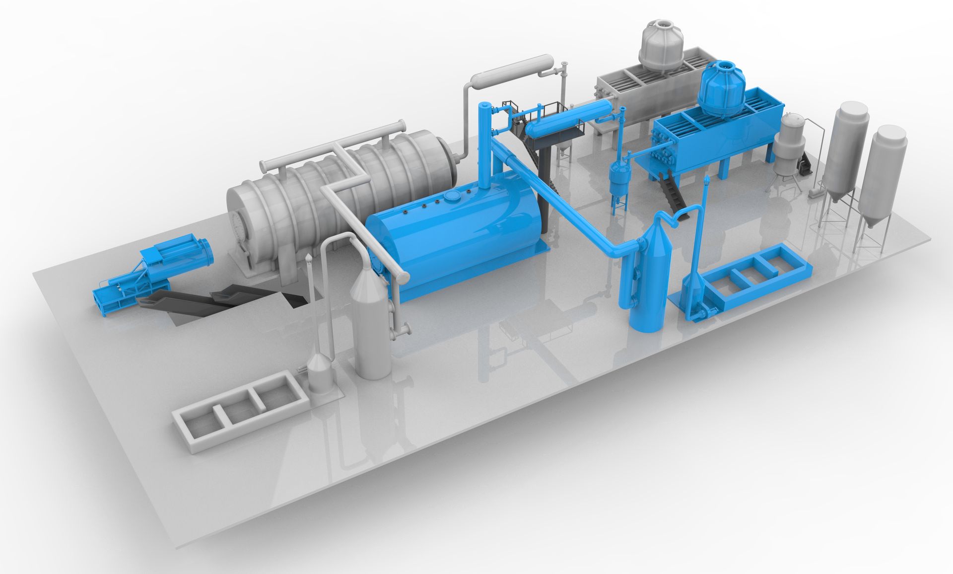 A 3d model of a factory with a blue engine.