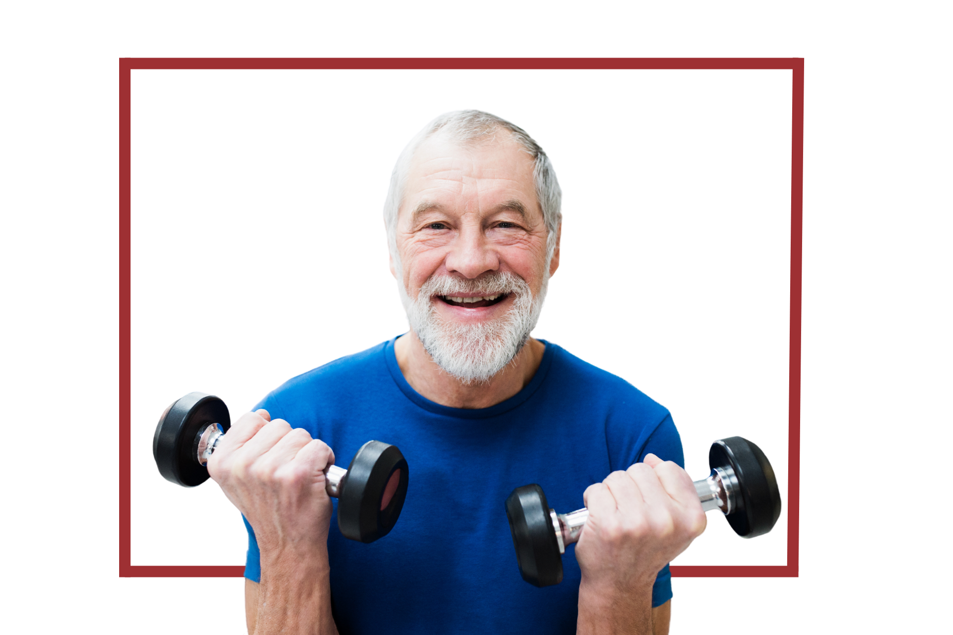 older man with white beard smiling and lifting weights