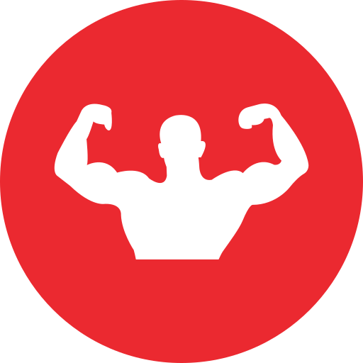 strong man with arms in the air flexing both arm muscles - red icon