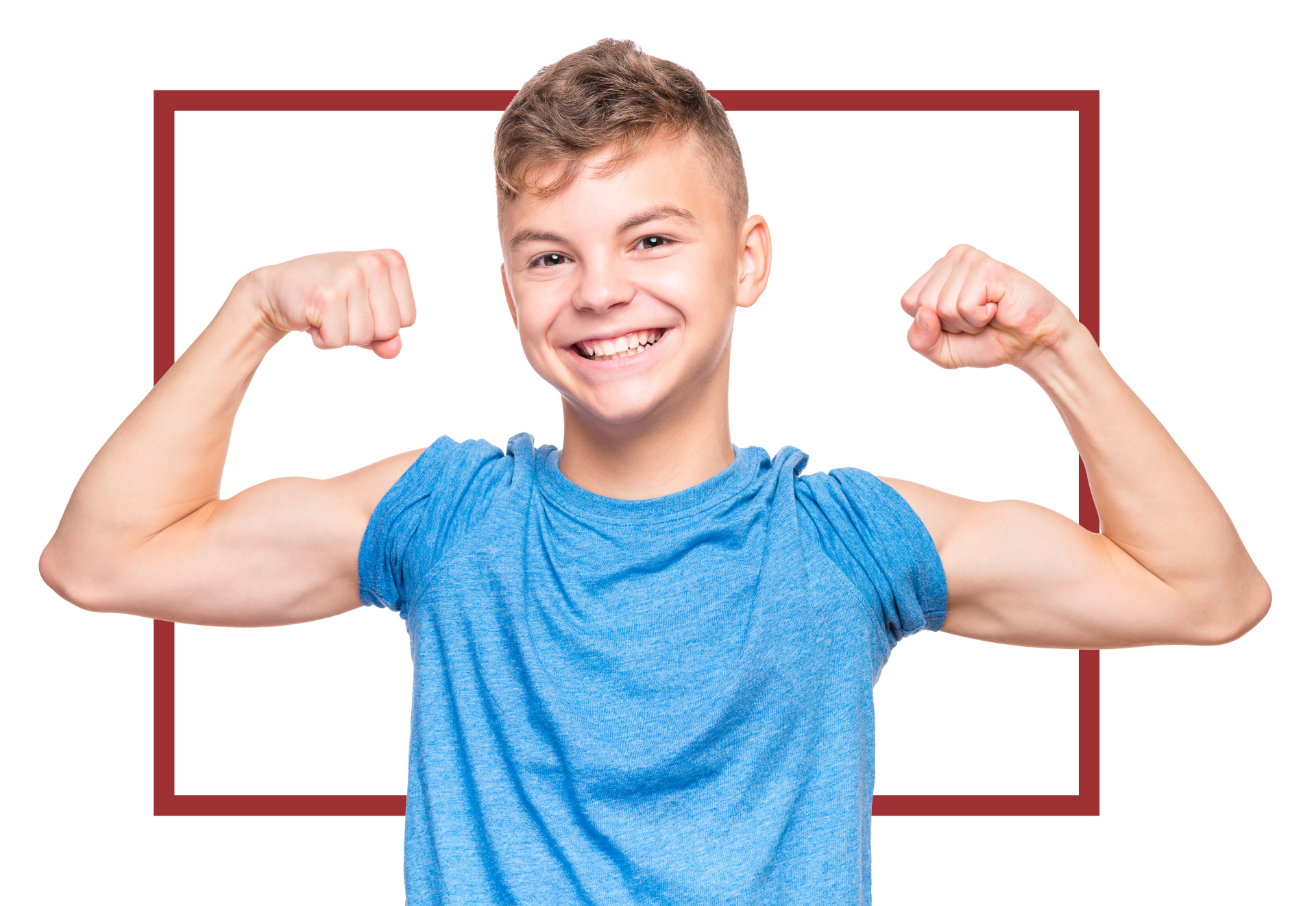 teen boy wearing blue t-shirt showing off his biceps