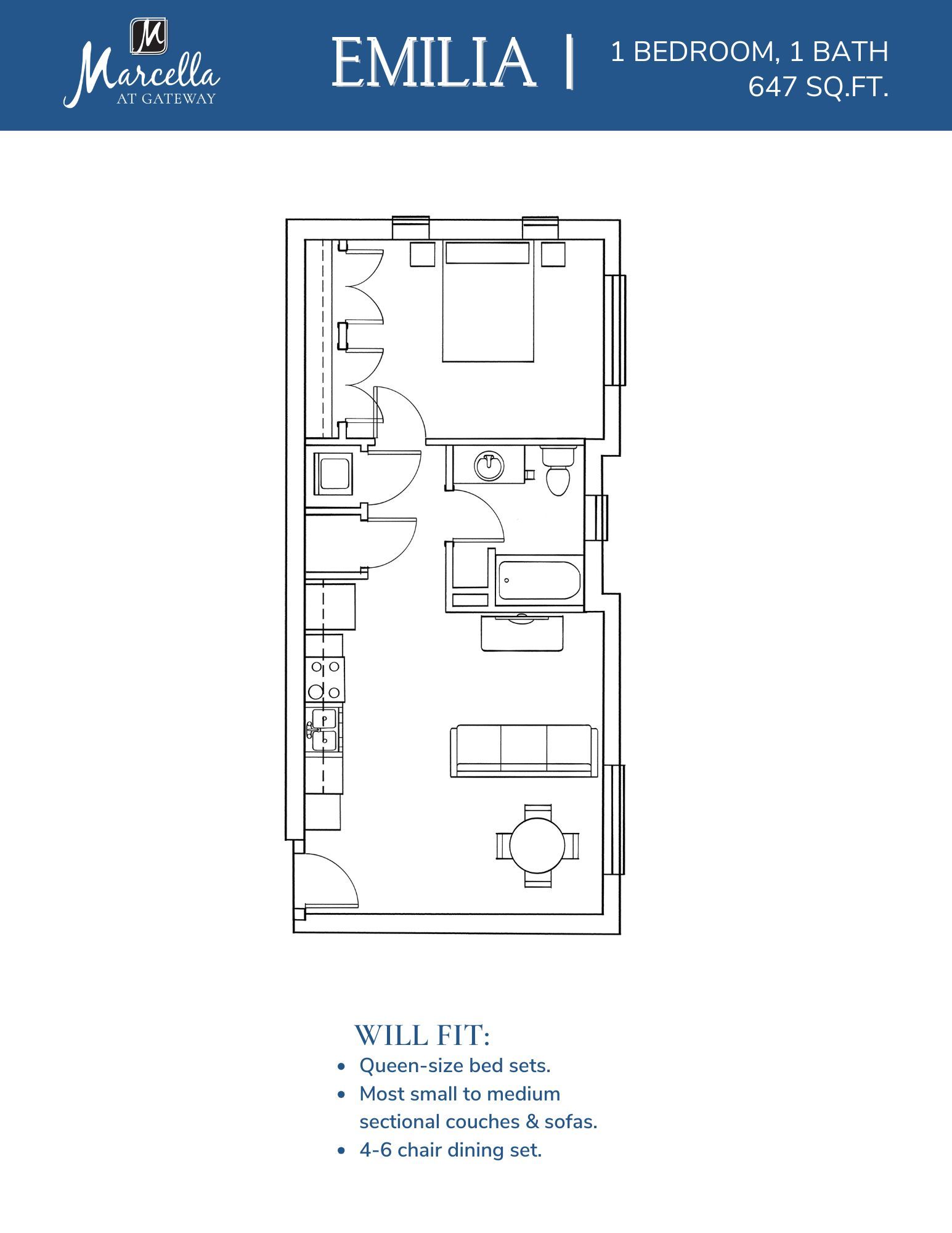A black and white floor plan of a one bedroom apartment.