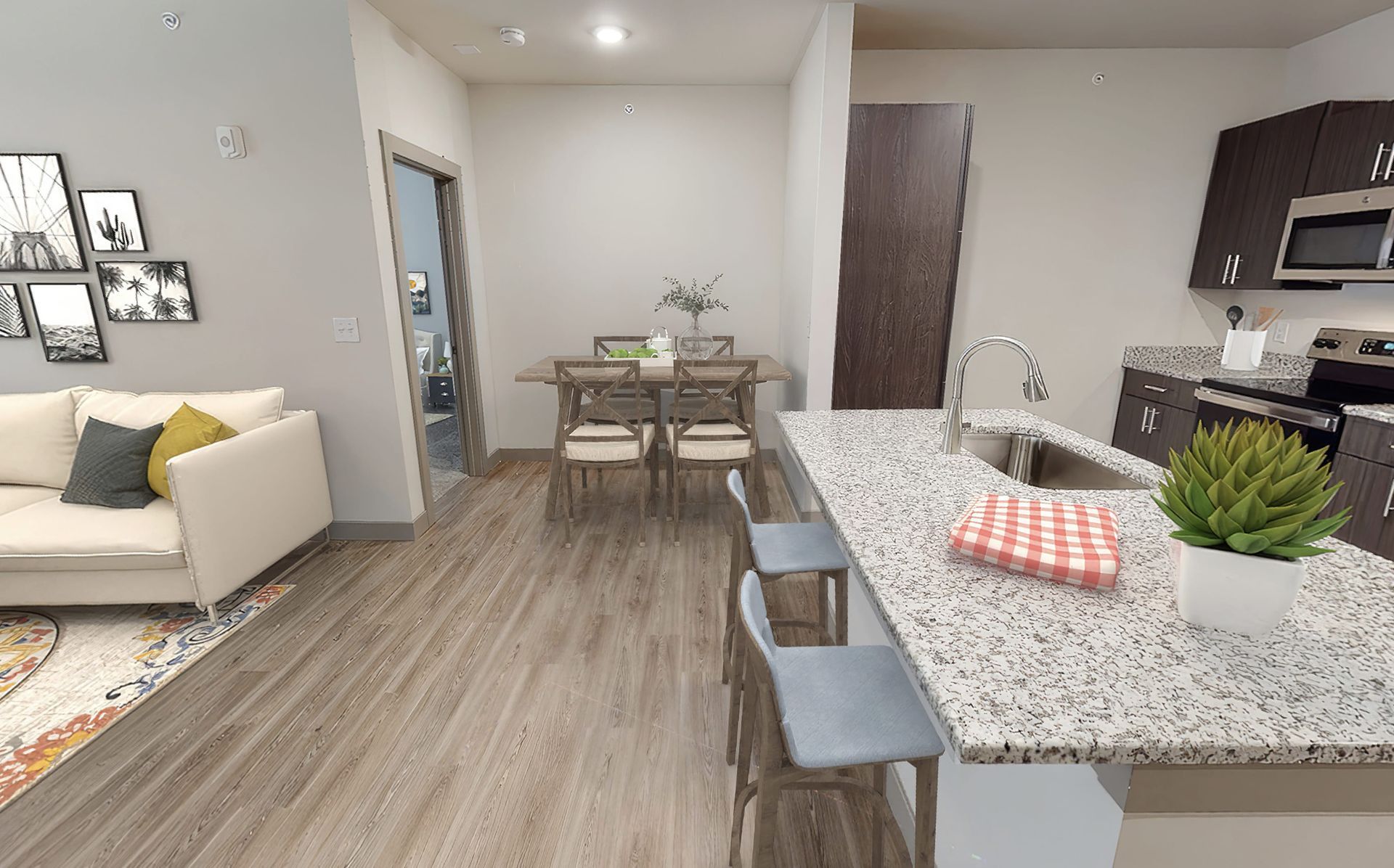 An artist 's impression of a living room and kitchen in a house.
