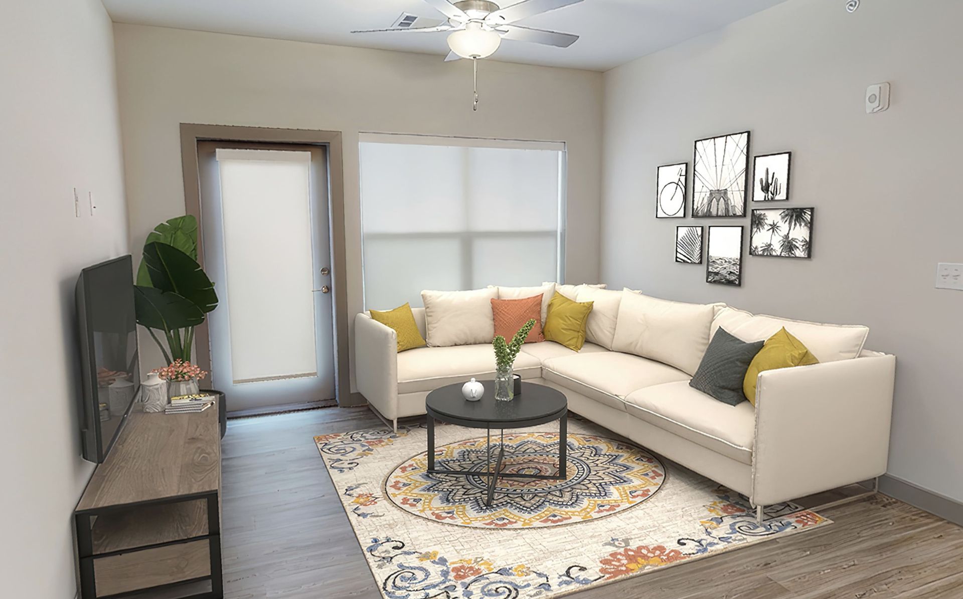 A living room with a sectional couch , coffee table , and television.