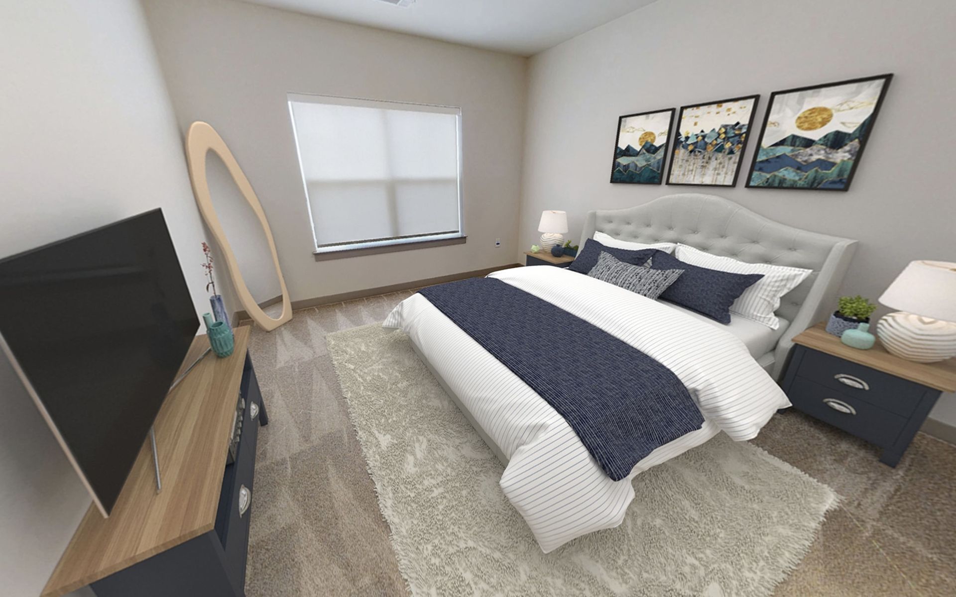 A bedroom with a bed , television , nightstand , and mirror.