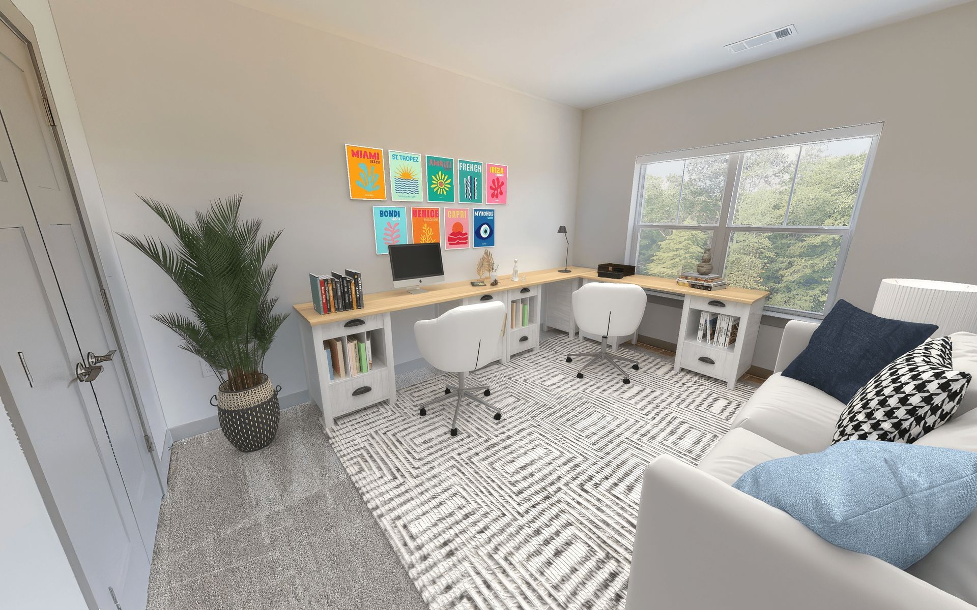 A living room with two desks and a couch.