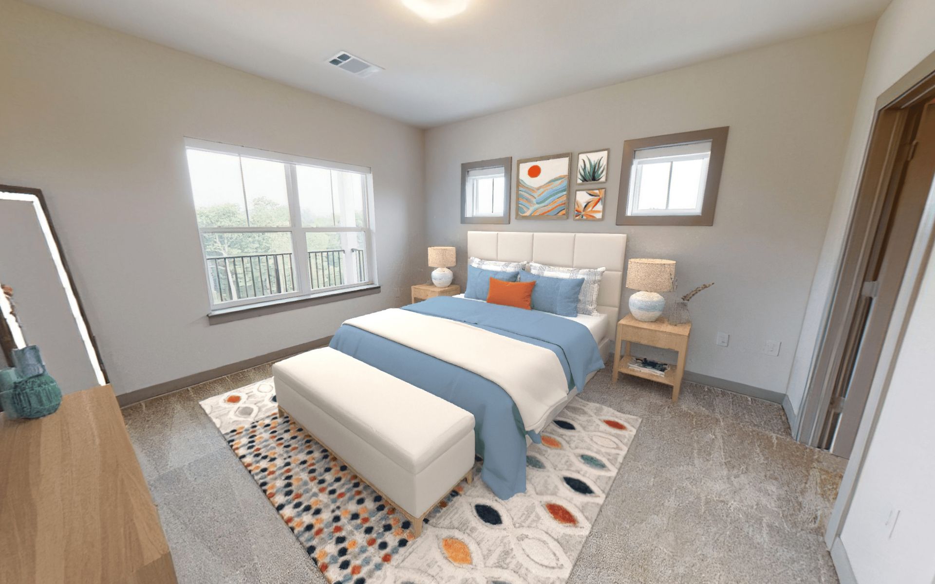 A bedroom with a bed , dresser , nightstand , and two windows.