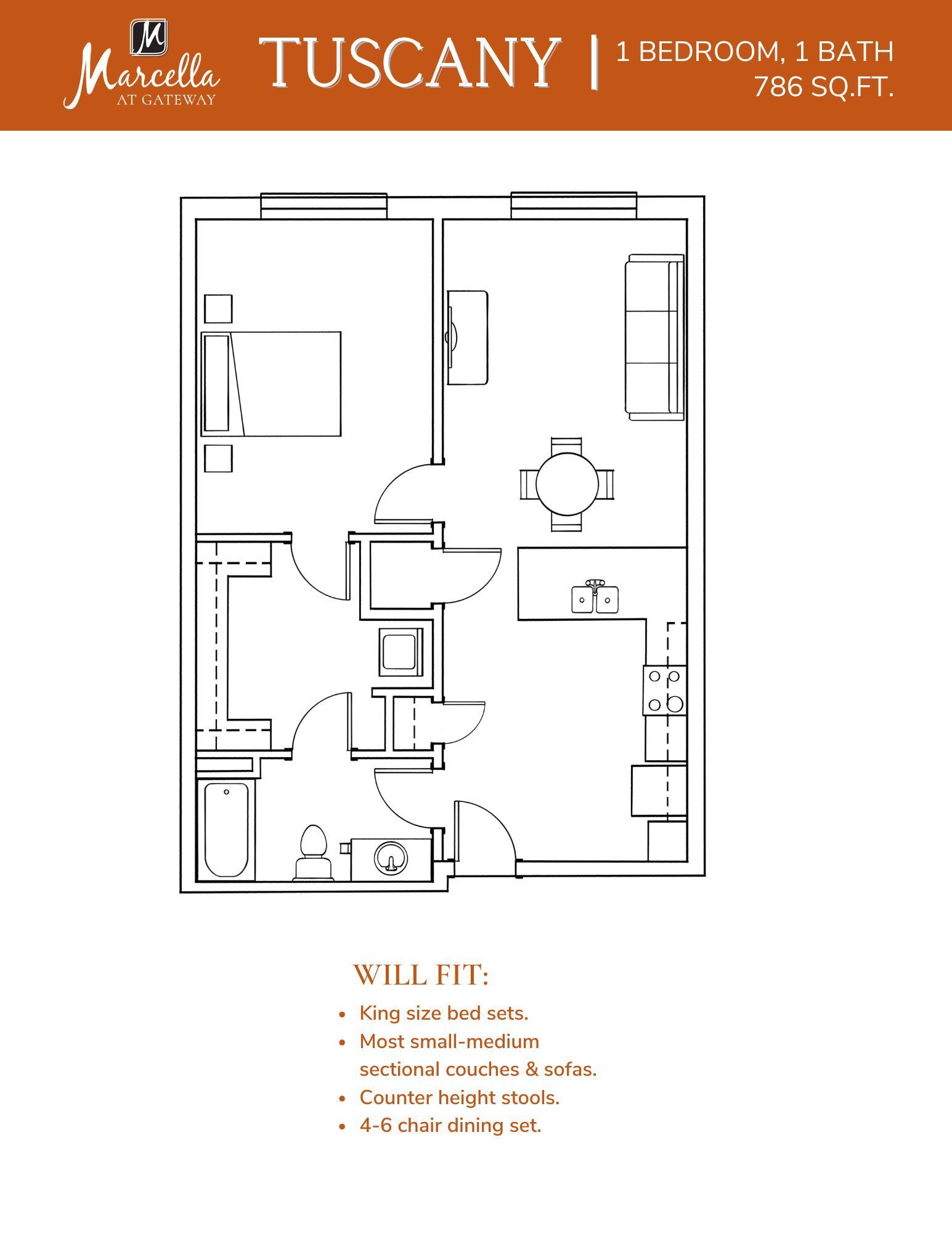 A black and white floor plan of a one bedroom apartment.
