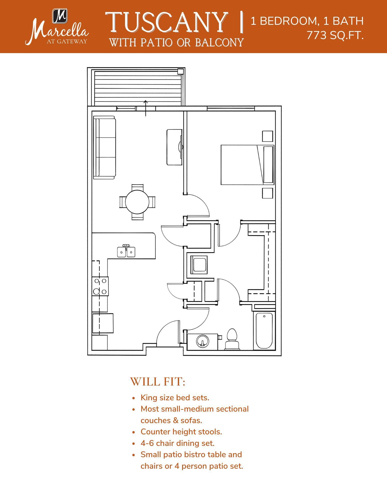 A floor plan of a one bedroom apartment with patio or balcony.