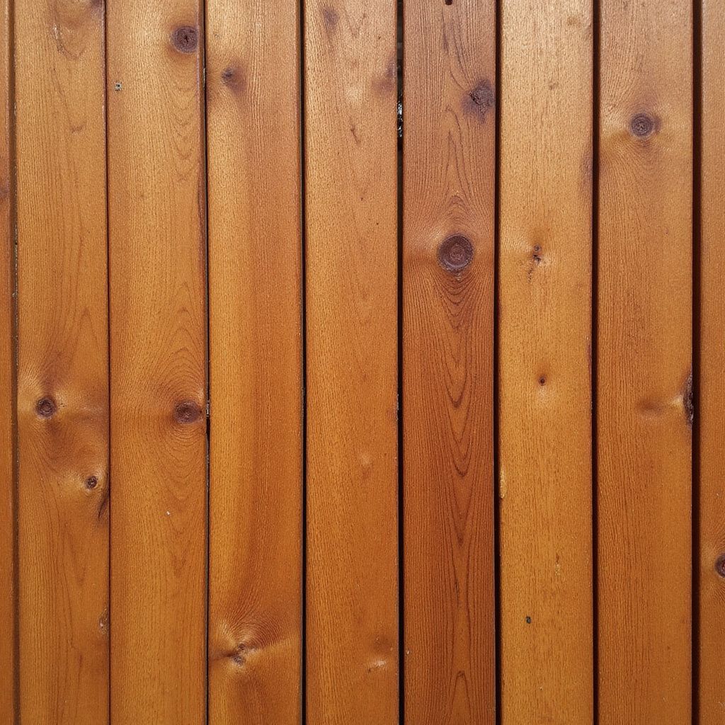 Vertical wooden planks, stained brown with visible knots, create a rustic textured surface.