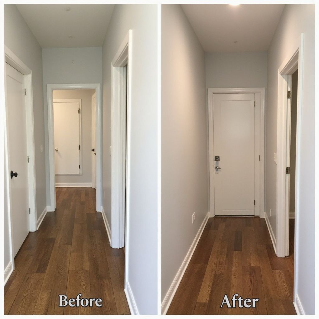 Hallway before and after renovations; white doors, light gray walls, wooden floor.