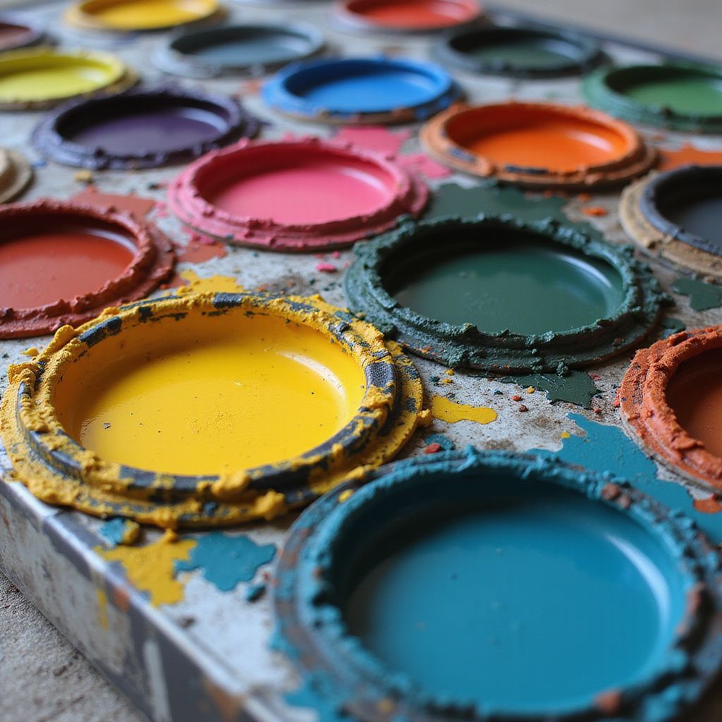 A metal paint palette filled with various dried colorful paints.