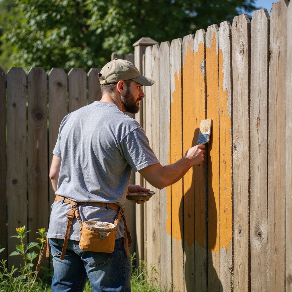 Man in cap painting orange stain on a wooden fence outdoors, holding brush and paint tray.