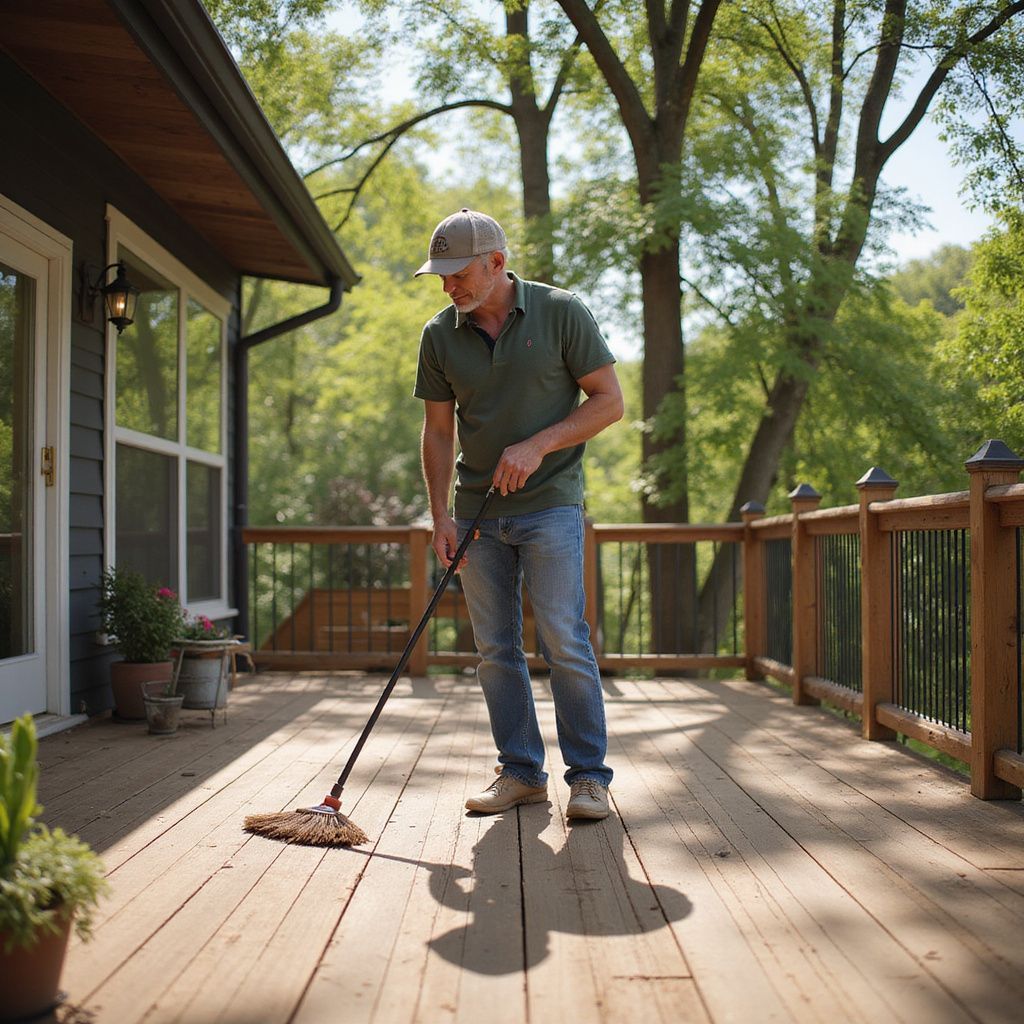 Man sweeping wooden deck outdoors.