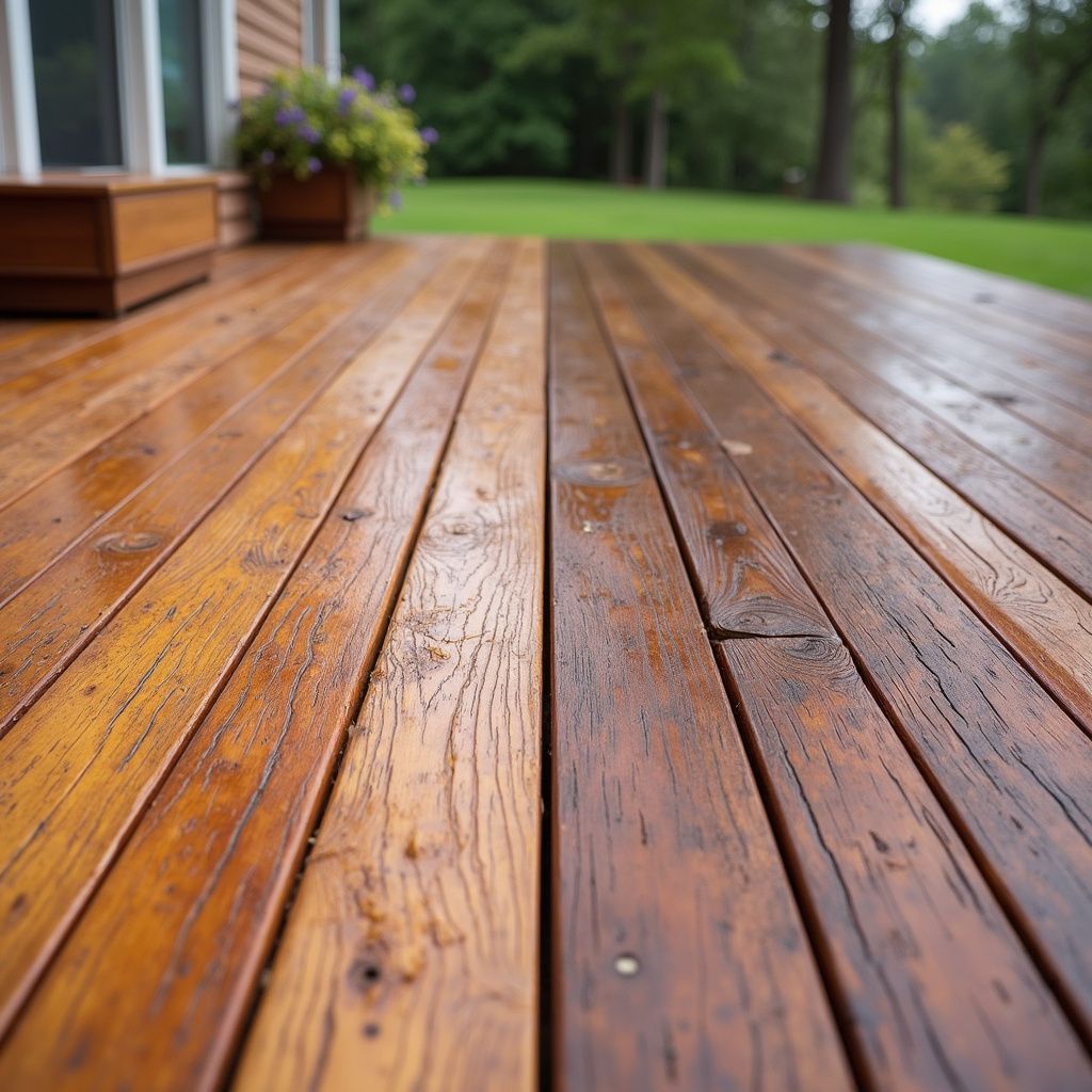 Wooden deck, close-up, outdoors. Brown planks, wet with reflection, lead to a grassy yard.