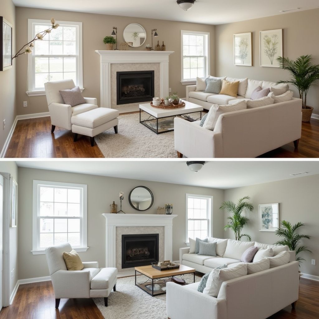 Living room with fireplace, white furniture, beige walls, and large windows.